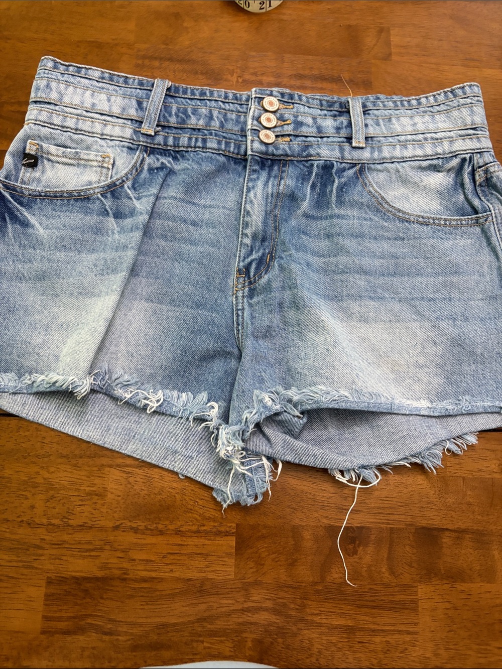 Light Blue Frayed Hem Denim Shorts with Triple-Button Waist